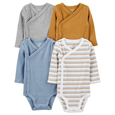 Imagem de Simple Joys by Carter's Pacote com 4 bodies unissex com fecho lateral, Azul empoeirado/dourado/cinza mesclado/listra branca, 6-9 Meses
