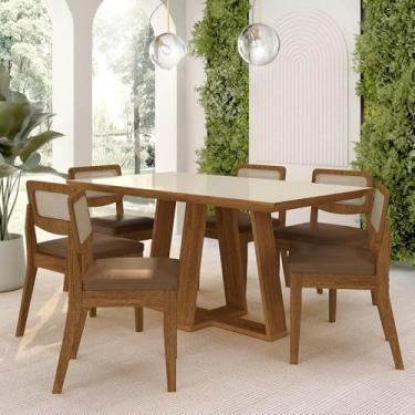 Imagem de Mesa Sion 1,60 Com 6 Cadeiras Sextavada Freijó/off/cori Caramelo - M.a Freijó/off Pre/corino Caramelo