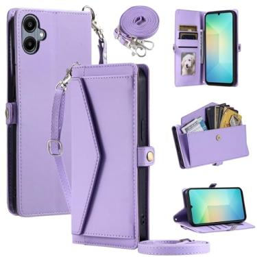 Imagem de Furill Capa carteira para Samsung Galaxy A06 5G com alça de pulso, alça de ombro, porta-cartões, à prova de choque, couro PU macio, encaixe magnético, bolso, suporte, acessórios para celular, capa Ao6