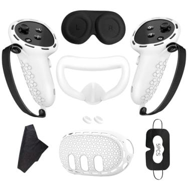 Imagem de ZSAUTHREE Conjunto De Capa Silicone Compatível Com Oculus/Meta Quest 3, Acessórios Realidade Virtual, Protetora Rígida, Inclui Alças Para Controle, Fone Ouvido Frontal E Facial (Branca)