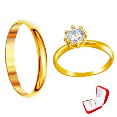 Imagem de Aliança Noivado 2mm Ouro 18k + Anel Solitário 2mm Zirconia Branca Comp