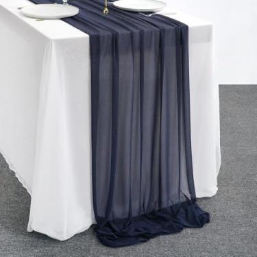 Imagem de Caminho de mesa em chiffon transparente rústico para festa de casamento, decoração de aniversário, cáqui, branco, marrom claro etc., azul meia-noite, 4,26 m x 74 cm