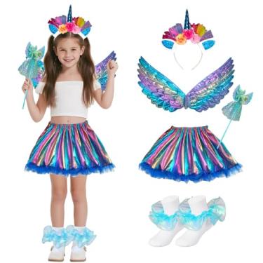 Imagem de WBZOTSS Conjunto de fantasia de princesa unicórnio para meninas, 5 peças, saia tutu com asas, varinha, faixa de cabeça, meias (cor: C, 8-12 anos)