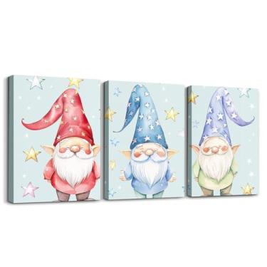 Imagem de Erosebridal Pintura de gnomos de desenho animado decoração de parede para sala de estar quarto, arte de parede em tela anã conjunto de 30 x 40 cm, arte de parede emoldurada com estrelas coloridas,