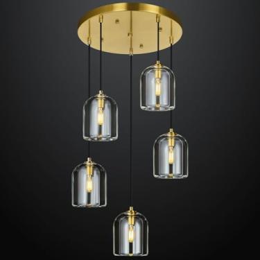 Imagem de LBSQJ Luzes pendentes douradas modernas cozinha ilha lustre de teto interior cristal pendurado luminárias para sala de jantar cozinha sala de estar quarto (5 luzes)
