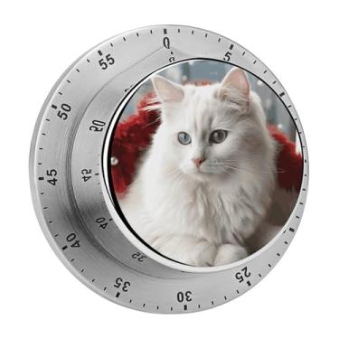 Imagem de Cronômetro magnético de aço inoxidável para cozinha de gato branco fofo com alarme para forno de cozinha