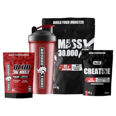 Imagem de Kit 1x Creatina Monohidratada 100g Refil Ganho Muscular +1x Hipercalórico Mass 30.000 X Black 1,4 Kg Refil Whey Protein Isolado + Bcaa 3k No2 60 Cáps Ultra Concentrado + Coqueteleira - Snake Dragon (1,4 Kg, Chocolate)
