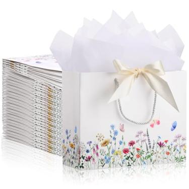 Imagem de Kolldenn Conjunto de 12 sacos de presente grandes de 32 cm horizontal com alça de laço dourado e papel de seda floral vintage para mulheres meninas comemorando aniversário, casamento, festa de chá de