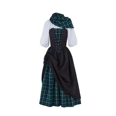 Imagem de Saniplaycos Vestido xadrez escocês tradicional renascentista das montanhas vestido de Natal reconstituição vestido retrô tartan, Preto, G