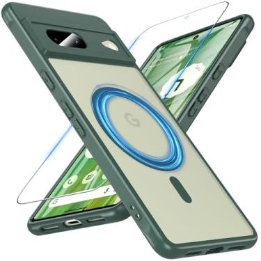 Imagem de ottpluscase Capa magnética para Google Pixel 7 com protetor de tela, compatível com MagSafe, capa protetora militar fosca translúcida à prova de choque fina para Pixel 7 (6,3 polegadas), verde