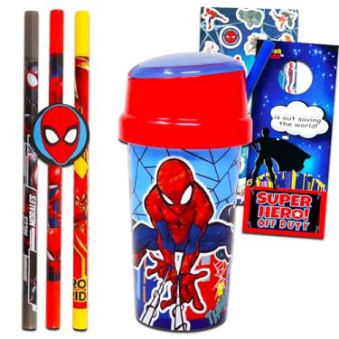 Imagem de Conjunto de copos do Homem-Aranha para crianças - Pacote com copo do Homem-Aranha com tampa e canudos do Homem-Aranha, adesivos, mais | Artigos de festa do Homem-Aranha para crianças, crianças