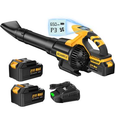Imagem de Soprador de folhas sem fio, 650 CFM e 3 níveis de velocidade, soprador de folhas elétrico sem fio com visor LCD, sopradores para cuidados com o gramado com 2 * 4,0 Ah alimentado por bateria