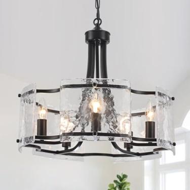 Imagem de TCWGAUI Lustre Moderno De Vidro Preto Para Sala De Jantar, Lustre De Cristal Texturizado Com 5 Luzes, Luminária Redonda Estilo Tambor, Lustre Rústico De Fazenda Para Cozinha, Ilha, Quarto, Sala De