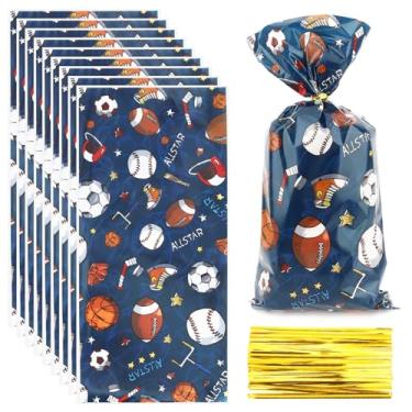 Imagem de Sacos de guloseimas para festas esportivas, 12 x 28 cm, 100 peças, azul, beisebol, futebol, basquete, biscoitos, doces, com laços torcidos, saco de presente esportivo para aniversário, suprimentos de