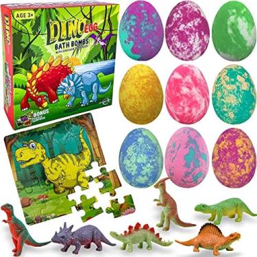 Imagem de Bombas de banho para crianças com brinquedos surpresa dentro mais quebra-cabeça de dinossauro - Conjunto de 9 bombas de banho de ovo de dinossauro orgânico com bolhas ricas, presente de aniversário