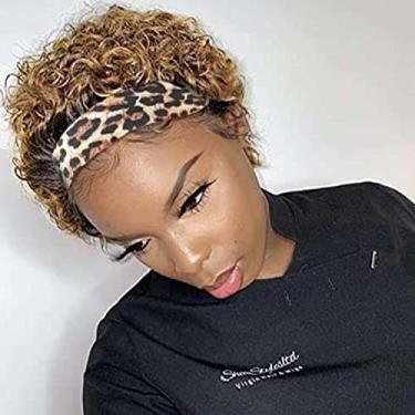 Imagem de INSTASTYLE Peruca de cabelo humano para mulheres negras loiras ombré corte Pixie peruca de cabelo humano sem cola com faixa de cabeça, 150% de densidade 15 cm, T27