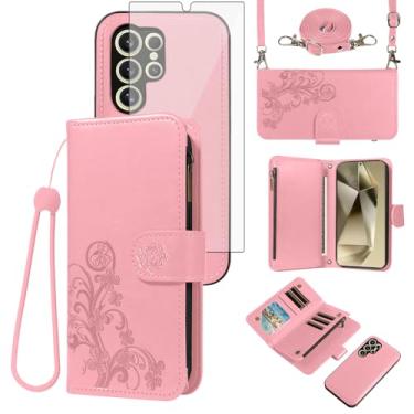 Imagem de Asuwish Capa de celular para Samsung Galaxy S24 Ultra 5G Carteira com zíper destacável com protetor de tela de vidro temperado, alça transversal, compartimento para cartão de flores S24Ultra 24S S 24