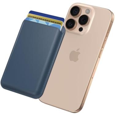 Imagem de Vanjua Carteira magnética para iPhone 16/15/14/13/12 Pro/Max/Plus/Mini, carteira de telefone de couro, porta-cartões RFID com ímã Mag-Safe, Azul, cinza, Minimalista