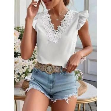 Imagem de Blusa Feminina Branca de Verão - Chiffon, Sem Mangas, com Renda e Slim