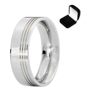 Imagem de Aliança Anel Feminino Masculino Friso Risco Lateral Aço - EURO-IMPORTA