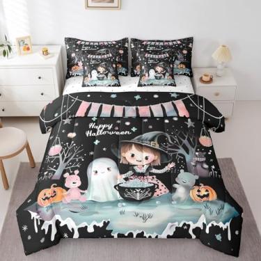 Imagem de Conjunto de edredom infantil Happy Halloween, tamanho queen, desenho fofo, fantasma, abóbora, urso, reversível, estrelas, aquarela azul, conjunto de cama com edredom, lençol e fronha