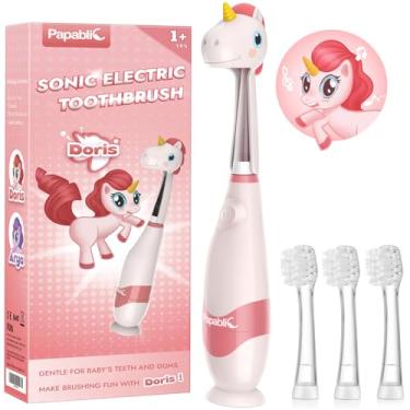 Imagem de Papablic Escova de dentes elétrica sônica infantil para crianças de 1 a 3 anos, escova de dentes elétrica para bebês com capa de unicórnio fofa e temporizador de LED inteligente, 4 cabeças de escova