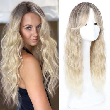 Imagem de Ailsa Toppers de cabelo longo ondulado de 50 cm para mulheres com queda de cabelo 360° cobertura total com partes de cabelo fofas naturais com franja lateral, fácil de usar