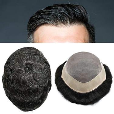 Imagem de Peruca masculina de cabelo humano fino mono revestimento poli ao redor do sistema de substituição de cabelo monofilamento NPU durável para homens MILAGRE FACE MILAGRE 1B20# 1B#OFF PRETO + 20% CINZA