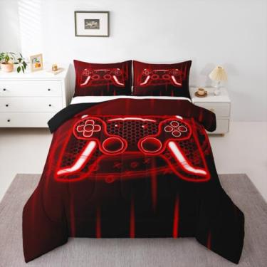 Imagem de Erosebridal Jogo de cama casal com controle de jogo, para crianças, meninos, meninas, vermelho, neon geométrico, gamepad, joysticks, colmeia de mel, decoração de quarto