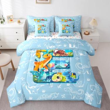 Imagem de Erosebridal Jogo de cama solteiro com desenho animado de dinossauros 3D, 7 peças, lençol com estampa azul, letra E, para crianças e adultos, animais da selva