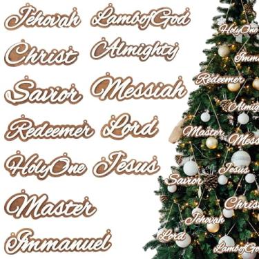 Imagem de Halloscume 12 peças de enfeite de Natal com nome de Jesus de madeira, 2 camadas, enfeites de Cristo pendurados em madeira com nomes de salvador, decorações de Natal cristãs religiosas para decoração