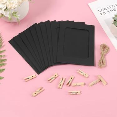 Imagem de DJAPWPX 100 porta-retratos de papel, 100 x 15 com 10 cordas de cânhamo e 100 clipes de madeira, moldura de papel preta, 10 x 15 cm, para decoração de parede de casa, exibição de pendurar