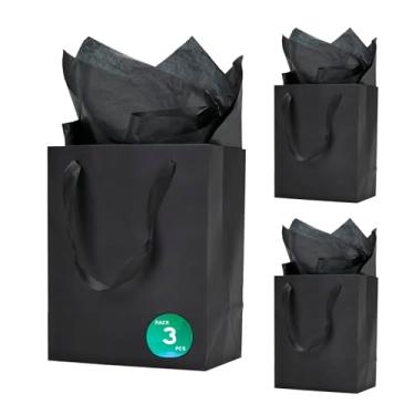 Imagem de Aosric Pacote com 3 sacos de presente pretos 20 x 12 x 25 cm com papel de seda – Sacos de presente boutique médios resistentes e reutilizáveis com alças de fita para livros, perfume, lembrancinhas de