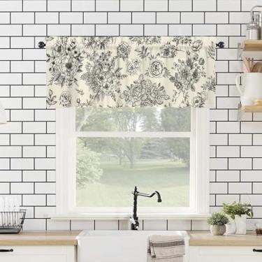 Imagem de WTQPLNMCB Valanças florais 137 cm L x 45,7 cm C - Cortinas de cozinha com flores de fazenda, saia para janelas, bolso de varão, decoração de cozinha, decoração preta em bege