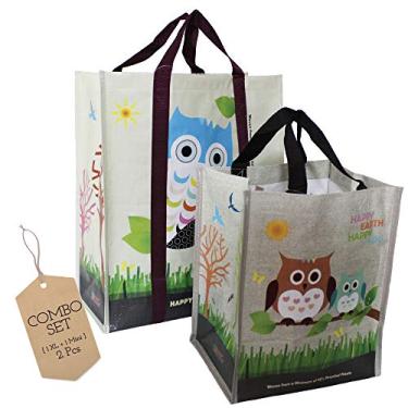 Imagem de Conjunto combinado (1 GG + 1 mini = 2 peças) EcoJeannie Sacolas de compras reutilizáveis de tecido laminado super forte, pé livre, plástico reciclado/placa inferior e alça de nylon reforçado, WC0001