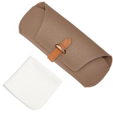 Imagem de CREATCABIN Estojo de óculos de sol de couro fino bolsa para óculos com fivela pano de limpeza camelo estojo de óculos portátil estojo de óculos bolsa de óculos para mulheres homens viagens ao ar livre
