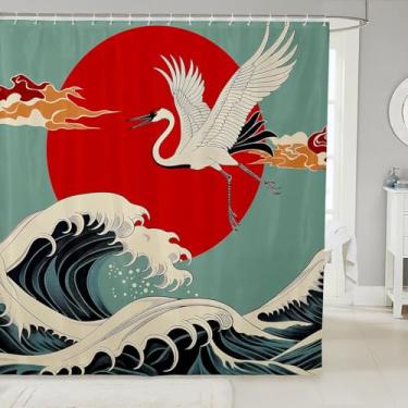 Imagem de jejeloiu Cortina de chuveiro de guindaste japonês cortina de banho ondulada vermelha pôr do sol acessórios à prova d'água com 12 ganchos arte impermeável poliéster, 182 x 182 centímetros