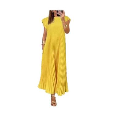 Imagem de Vestido feminino Vbeap plissado, simples, de cor sólida, maxi com bols