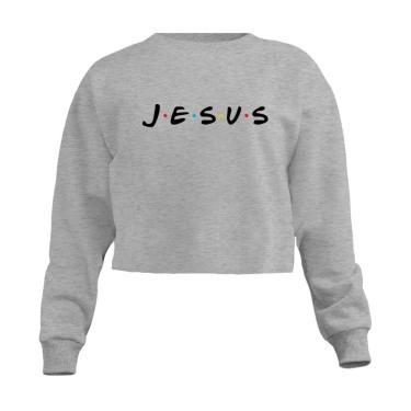 Imagem de Blusa Cropped Moletom Jesus Equilíbrio Bem e Mal Feminino Personalizado com Cintura Descosturada