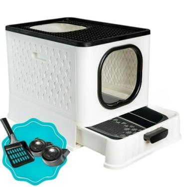 Imagem de Caixa De Areia Fechada Para Gatos Porta Transparente 02 Comedouros Pá Fácil Limpar Gatos Todos Portes Residencia Caixa De Areia(SB LUXO + PENEIRA - BRANCO)