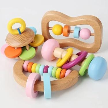 Imagem de Brinquedo Educativo Sensorial para Bebê, Conjunto de 4 Peças, Madeira Natural, Chocalho Colorido com Anéis, Quebra-Cabeça Interativo, 10,5 x 7 cm