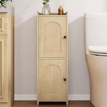 Imagem de Hzuaneri Armário de armazenamento de banheiro, armário de canto com 2 portas e prateleira ajustável, armários estreitos de papel higiênico, organizador de banheiro para espaços pequenos, amarelo