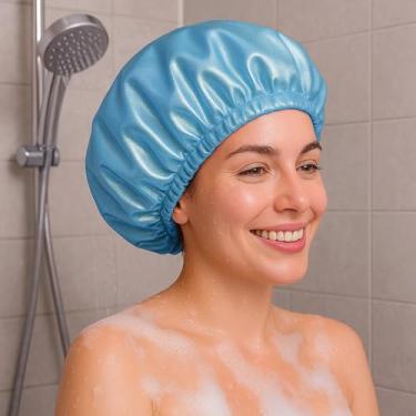 Imagem de Touca de banho impermeável de camada dupla, plástico EVA, elástico reutilizável, touca de banho de cabelo com proteção ambiental, azul celeste