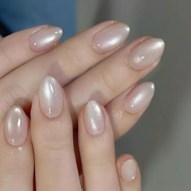Imagem de Unhas postiças curtas médias de amêndoa nude com design de olho de gato, cobertura completa, cola em bastão falso artificial em unhas de acrílico para mulheres, casamento, 24 peças