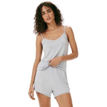 Imagem de Pijama Feminino Curto Viscose com Renda Hering, Azul claro, P