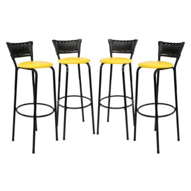 Imagem de Kit 4 Banquetas Altas 80cm Estrutura Preta Encosto Junco Preto Ideal Bancada Cozinha Americana Bares Balcão Ilha Área Gourmet Piscina Itagold (Assento Amarelo)