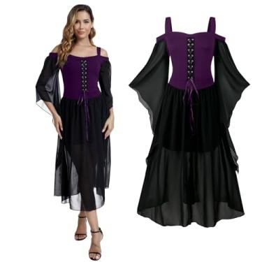 Imagem de Vestido de fantasia medieval feminino, vestido vintage renascentista, vestido gótico com mangas de trompete, Halloween, festa, Roxa, 3G