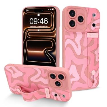 Imagem de Fiyart Capa projetada para iPhone 17 Pro Max com alça de pulso, linda moda irregular listrada estrela para mulheres meninas Slim TPU à prova de choque bumper 17.5 cm - Rosa