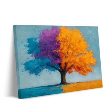 Imagem de Arte de parede colorida da árvore da vida - Impressão em tela abstrata com folhas azuis e laranja, pintura moderna estilo impasto para decoração de sala de estar e quarto, arte de fantasia vibrante