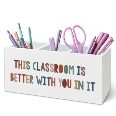 Imagem de TWRVI Suporte de caneta infantil Boho para mesa, decoração de sala de aula boho, esta sala de aula fica melhor com você, suporte de lápis de madeira para quarto de crianças, quarto, sala de jogos